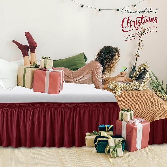 Biscaynebay Wrap Around Bed Skirts for King & Cal King Beds 17" Long Drop, Burgundy Adjustable Elastic Dust Ruffles Easy Fit Wrinkle & Fade Resistant Silky Luxurious Fabric Solid Machine Washable