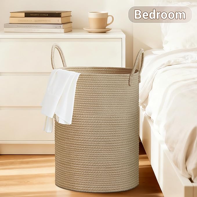 SunNewt Tall Laundry Basket with Handles, 72L Portable Dirty Clothes Hamper, Boho Cotton Rope Storage Bin for Blankets Kids Toys Gifts, Large Organizer for Baby Nursery Bedroom Bathroom, Jute