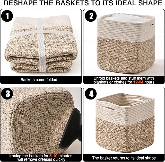 ICERZCZ 13 Inch Cube Closet Storage Bins, Woven Cotton Rope Organizer Baskets for Organizing & Shelves, Books, Towels, Clothes, Toys, 13x13x13 in, Off White & Brown (Pack of 3)