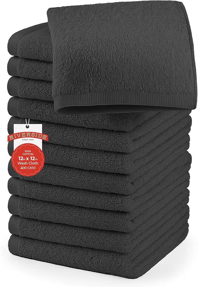 RIVERSIDE 12 Pack Washcloths - 12x12 Inches, 500 GSM, 100% Ring-Spun Cotton - Soft, Absorbent & Durable Face and Body Towels - for Bathroom, Spa, Gym, Makeup Removal & Everyday Use - Charcoal