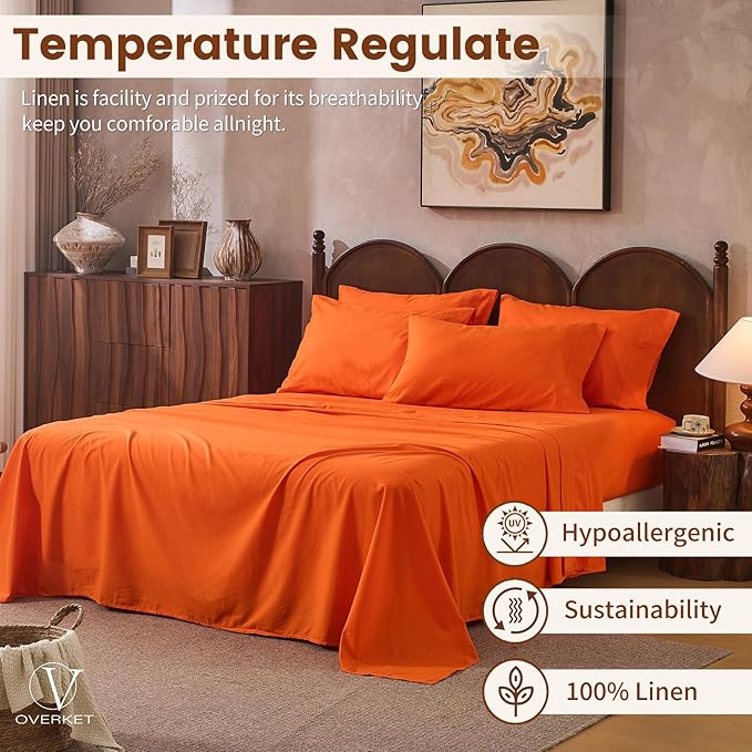 100% Linen Sheets Queen Size,Breathable & Durable 4-Piece Bed Flax Sheet Set,Soft All-Season Bedding for Hot Sleepers 16" Deep Pocket Oeko-TEX Certified,（Queen, Orange）