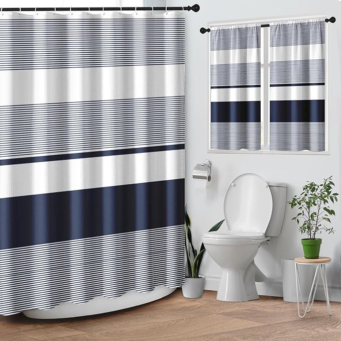 Culudea Modern Striped Boho Waffle Textured Cloth Shower Curtain Set, Navy Blue White Horizontal Stripe Bathroom Window Waterproof Shower Curtains for Bathroom Decor