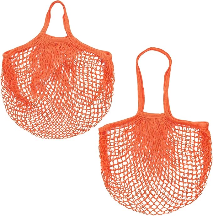 M METERXITY 2-Pack Cotton Mesh Bag, Reusable Washable Mesh Net String Grocery Bags, Reusable Produce Bags with Handle, Net Tote Bag for Fruits/Vegetables Shopping [Orange, Long&Short Handle]