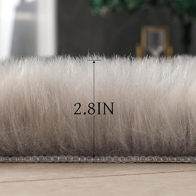 Faux Fur Rug Sheepskin Shag Fluffy Fuzzy Grey 4x6 ft Rugs for Bedroom Bedside Bed Floor Living Room Plush High-Density Cushion Carpet Super Sofa Cover