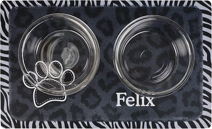 Drymate Personalized Pet Bowl Placemat, Custom Dog & Cat Food Feeding Mat - Absorbent Fabric, Waterproof Backing - Machine Washable/Durable (USA Made) (12" x 20") (Leopard Black)