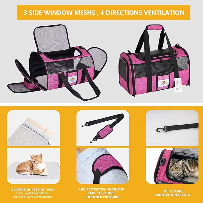 SECLATO Cat Carrier for Cats Small Dogs, Kitten,Puppy Pet Carrier for Small Medium Cats Under 15lb, Collapsible Soft Sided TSA Approved Travel Carrier, Red