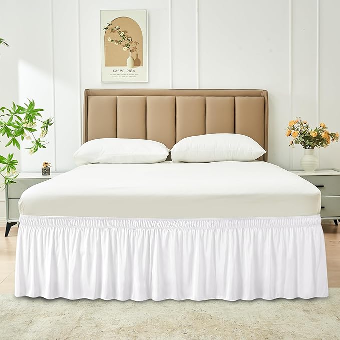 Biscaynebay Wrap Around Bed Skirts for Twin & Twin XL Beds with Short Drop of 12", White Adjustable Elastic Dust Ruffles Easy Fit Wrinkle Resistant Silky Luxurious Fabric Machine Washable