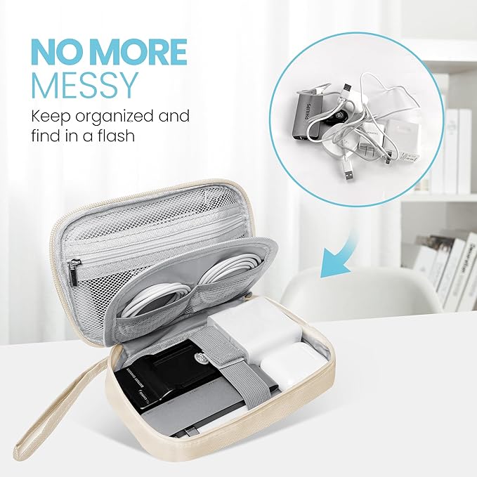 Lcsmaokin Electronics Travel Organizer,Portable Waterproof Electronic Travel Storage Bag for Small Charging Cord Storage,Charger,Small Electronics,SD Card,with 5 Cable Ties,for Travel,Business-Beige