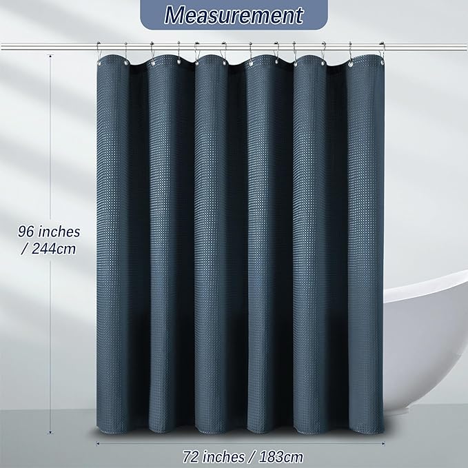 PANGSINNE Extra Long Royal Blue Waffle Water Repellent Shower Curtain 96 Inches, 256GSM Heavy Duty Shower Curtain for Bathroom, Hotel Quality Bath Curtain Set with 12 Hooks, 72Wx96H
