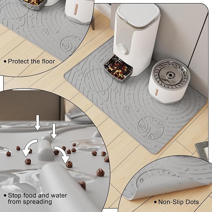 OHMO Dog Food Mat, Silicone Waterproof Cat Food Mat, Non-Skid Spill Proof Pet Feeding Mat for Food and Water, Easy to Clean Dog Placemat(Ash Light Grey, 23.6" x 15.8")