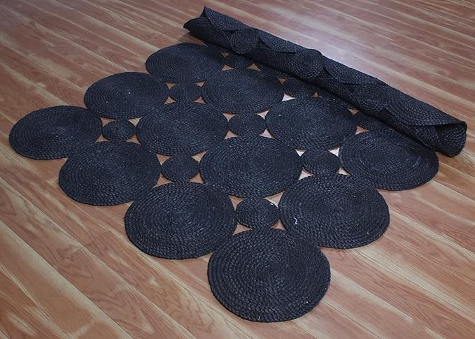 Scalloped Edge Rug, Hand Woven Natural Jute Area Rug, 10x14 Ft Black Braided Sisal Kilim Rugs for Living Room, Kitchen, Entryway, Farmhouse