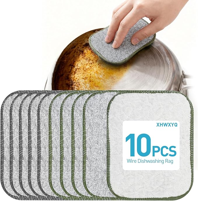 XHWXYQ 2025 New Upgrade Non Scratch Wire Dishcloth, Multipurpose Wire Dishwashing Rags for Kitchen, Wet and Dry, Sinks, Cookware, Stove, Easy Rinsing, Reusable (10PCS, Small)