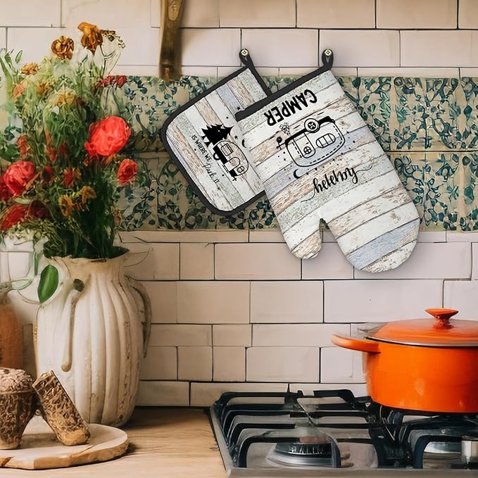 Camping Gifts Oven Mitts and Pot Holders Sets, Happy Camper Gifts Rv Kitchen Accessories Sets, Camping Themed Home is Where We Park It Heat Resistant Oven Glove Potholders for Kitchen Cooking