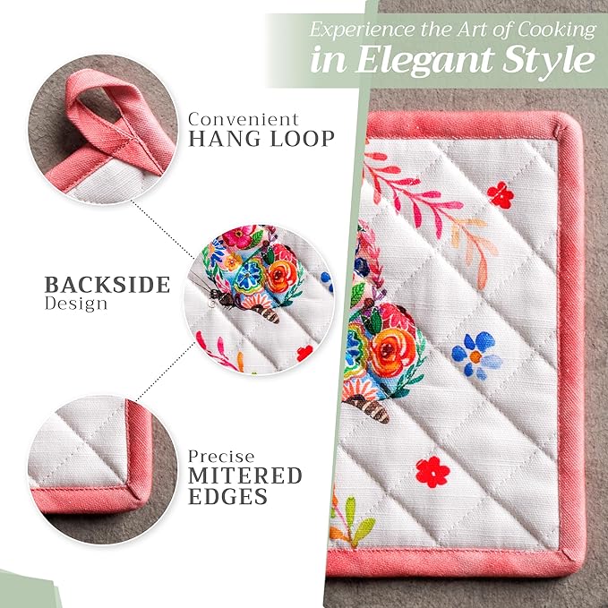 Maison d' Hermine 100% Cotton Oven Mitt & Pot Holder Set (7.5"x13" & 8"x8") Heat Resistant BBQ Cooking Gloves with Loop, Grilling, Kitchen, Handling Hot Pan Spring/Summer (Happy Florals - High Summer)