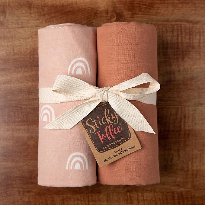 Sticky Toffee Muslin Swaddle Baby Blanket, Blush Pink Rainbows, 47 x 47 in, Soft Breathable Oeko-Tex Cotton Newborn Wrap and Receiving Blanket