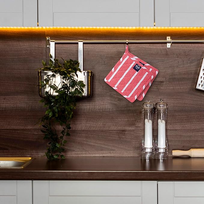 Encasa XO 8 inches Oven Microwave Potholders (2 pc Set) for Kitchen Cooking & Baking - Heat Resistant, Thick & Safe, Protection of Hands from Hot Utensils - Roma Red Stripes