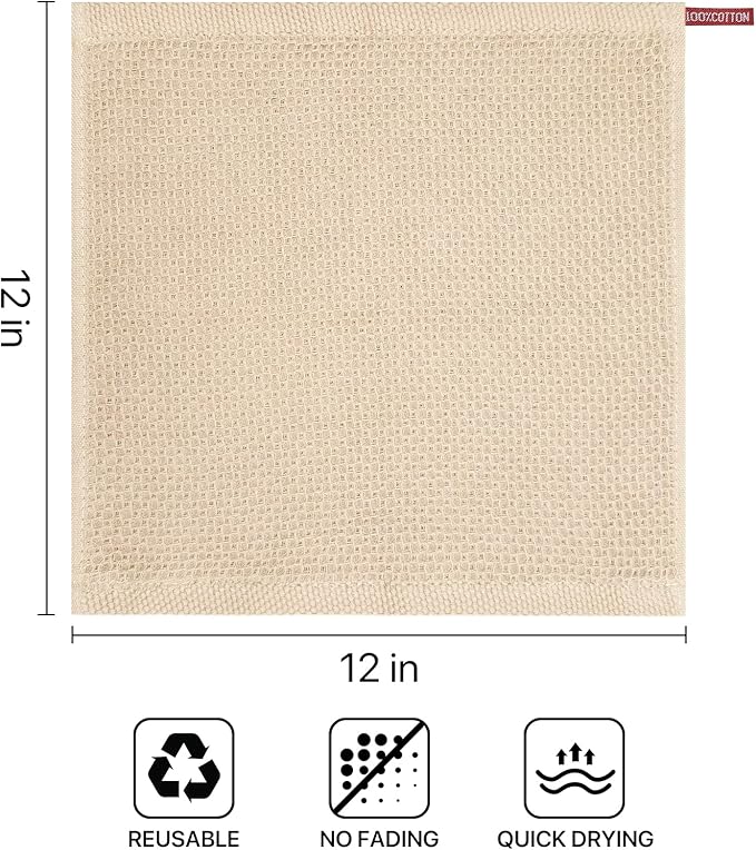 FreeNook 100% Cotton Waffle Weave Kitchen Towels, 8 Pack Dish Cloths for Washing Dishes, Ultra Soft Absorbent Dish Towels, Quick Drying Kitchen Rags, 12x12 Inches, Beige