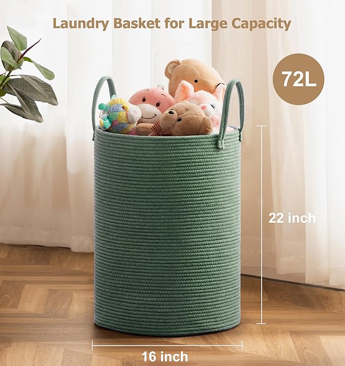 Laundry Basket, 72L Woven Laundry Hamper, Baby Nursery Hamper for Toys, Blanket Basket for Living Room, Clothes Hamper for Bedroom&Baby Room, Green