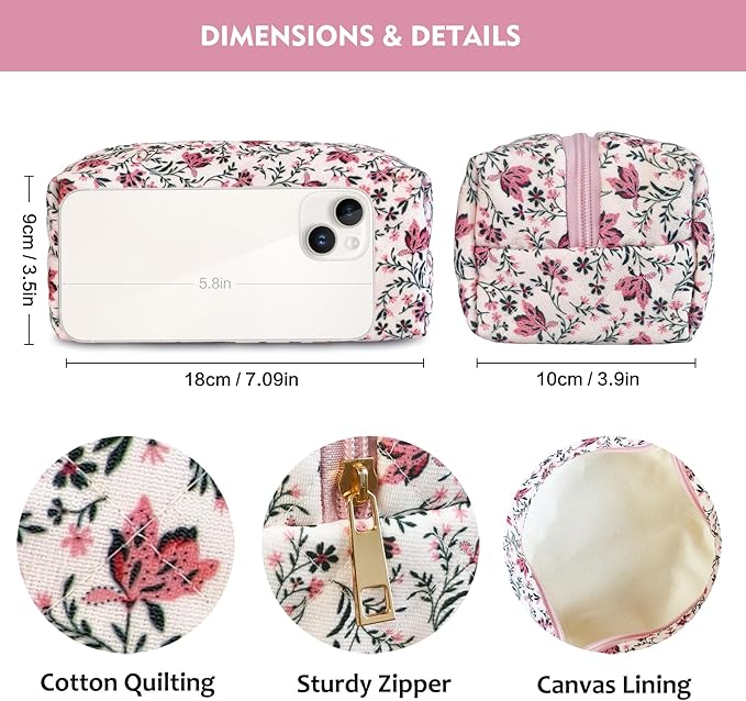 STARDW Cute Quilted Floral Makeup Bag for Women, Large Capacity Travel Toiletry Bag with Zipper and Canvas Lining