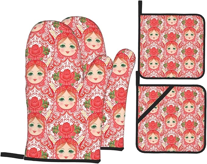 Traditional Russian Nesting Doll with Flowers Oven Mitts and Pot Holders 4 Pcs Set Oven Gloves and Potholders for Cooking Microwave BBQ Baking Grilling