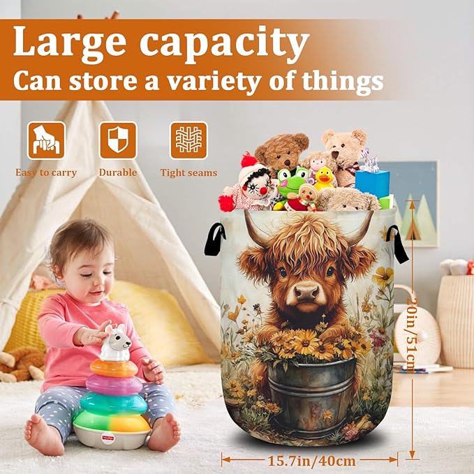 Sunflower Highland Cow Laundry Basket with Sturdy Handles, Collapsible Oxford Cloth Laundry Hamper Organizer Basket for Bathroom Bedroom 15.7x20 Inch