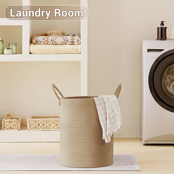 SunNewt Tall Laundry Basket with Handles, 53L Portable Dirty Clothes Hamper, Boho Cotton Rope Storage Bin for Blankets Kids Toys Gifts, Decorative Organizer for Baby Nursery Bedroom Bathroom, Jute