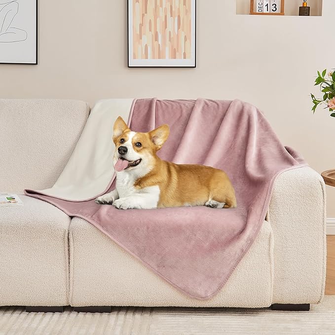 Yaning Waterproof Blanket 80"x90" for Adults, Reversible Waterproof Bed Cover for Dogs Cats Pets, Soft Leakproof Blanket for Bed Couch Sofa Furniture Protector, Dusty Pink/Off White