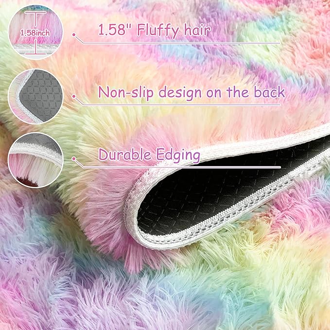 3x5 Pastel Rainbow Rug for Girls Bedroom, Fluffy Colorful Unicorn Rug for Kids Room Cute Floor Carpets Shaggy Playing Mat for Toddler Baby Girls Room Nursery Home Tie-Dyed Rainbow Rugs