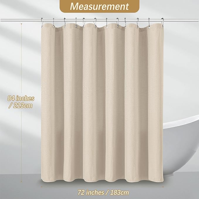 PANGSINNE Beige Fabric Shower Curtain - Waffle Textured Heavy Duty Shower Curtains for Bathroom, 256GSM Hotel Spa Luxury Weighted Bath Curtain with 12 Hooks, 72x84, Beige