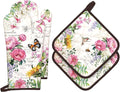 Vintage Flower Oven Mitts and Pot Holders Sets 4Pcs, 100% Cotton Heat Resistant, Extra Long Oven Gloves Potholder for Kitchen Cooking Baking Decoration