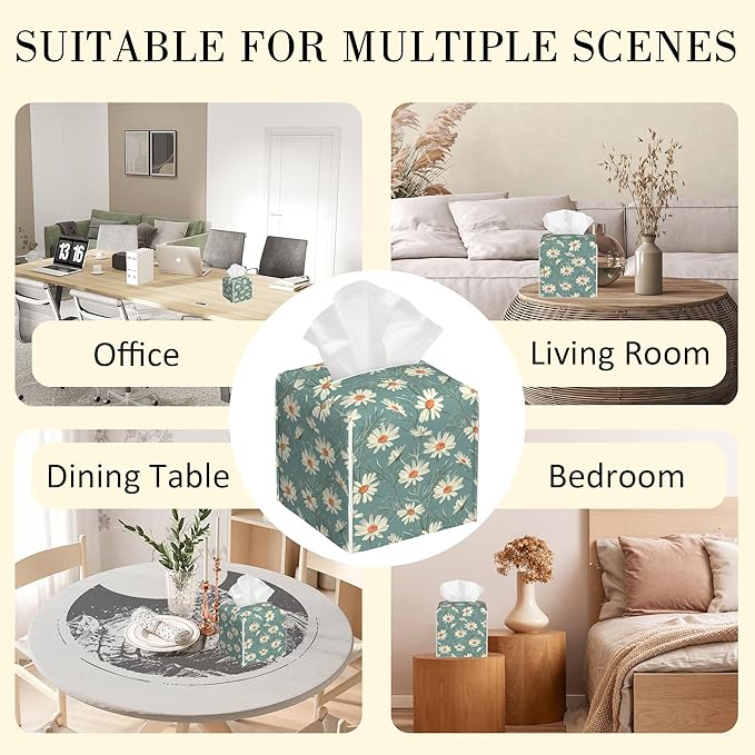 POIUBLE Leather Tissue Box Holder White Daisy Tissue Box Cover Square Waterproof Tissue Holder Organizer Modern Napkin Holder for Bedroom Dresser Night Stand Office Desk