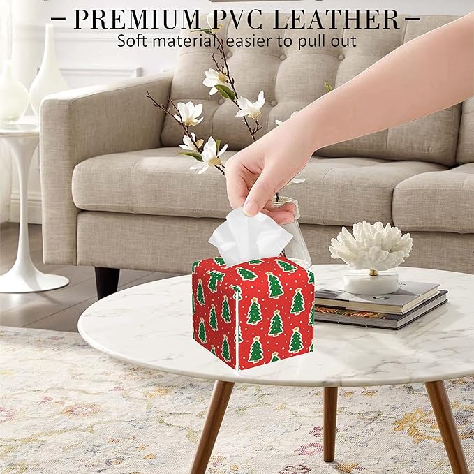 POIUBLE Christmas Trees Tissue Box Cover Leather Tissue Box Holder Square Facial Paper Organizer Dispenser for Bathroom Kitchen Bedroom Vanity Countertop Night Stands
