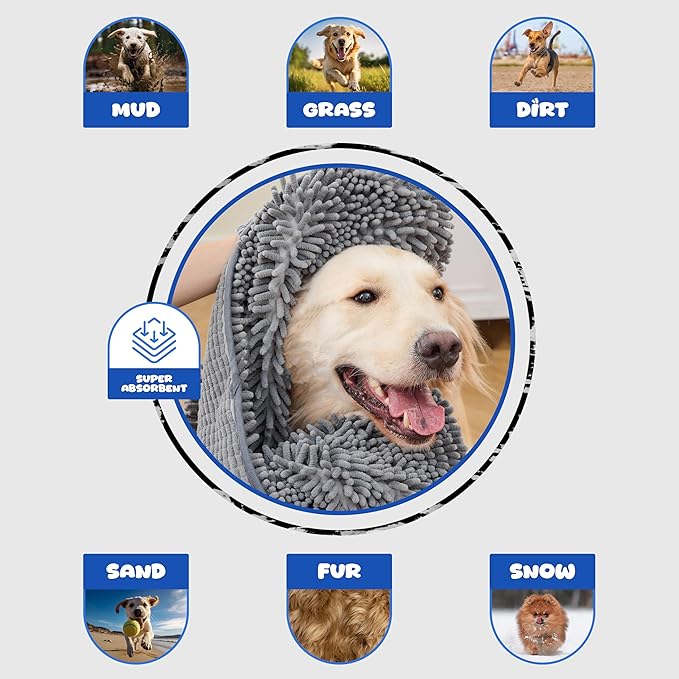 EDENATURE Microfiber Dog Bath Towel – Super Absorbent Dog Towels for Drying Dogs Large & Small, Quick Dry Pet Towel with Hand Pockets, Soft & Durable Puppy Towel, Machine Washable – Grey
