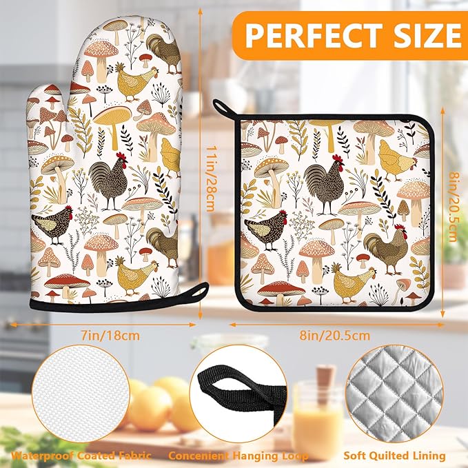 Rooster Oven Mitts and Pot Holders Sets 4Pcs,Extra Long Oven Gloves Potholder for Kitchen Cooking Baking BBQ 100% Cotton Heat Resistant