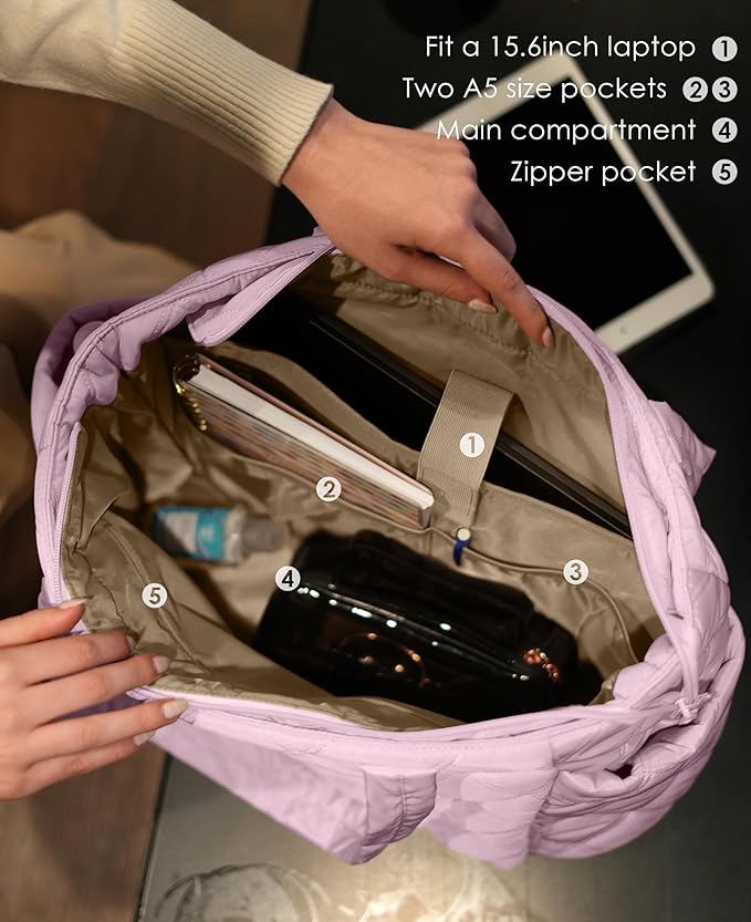Uselike Tote Bag for Women, Lightweight Puffer Tote Work Bags with Compartments for Travel, Quilted Shoulder Bag with Zipper