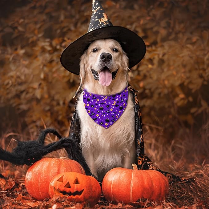 Halloween Dog Bandanas Reversible 2 Pack Large, Orange Black Spider Web Ghost Cute Halloween Pet Bandanas for Dogs Adjustable Triangle Holiday Scarves for Medium Large Extra Large Boy Girl Dogs