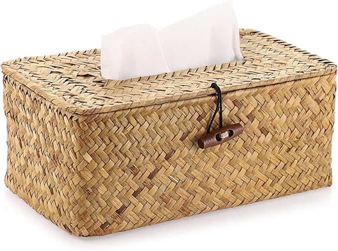 Sumnacon Tissue Box Cover Rectangle Tissue Box Seagrass Tissue Box Holder Woven Tissue Holder Decorative Tissue Cover for Bathroom Tissue Box Cover Rectangular for Home Office Table Yellow