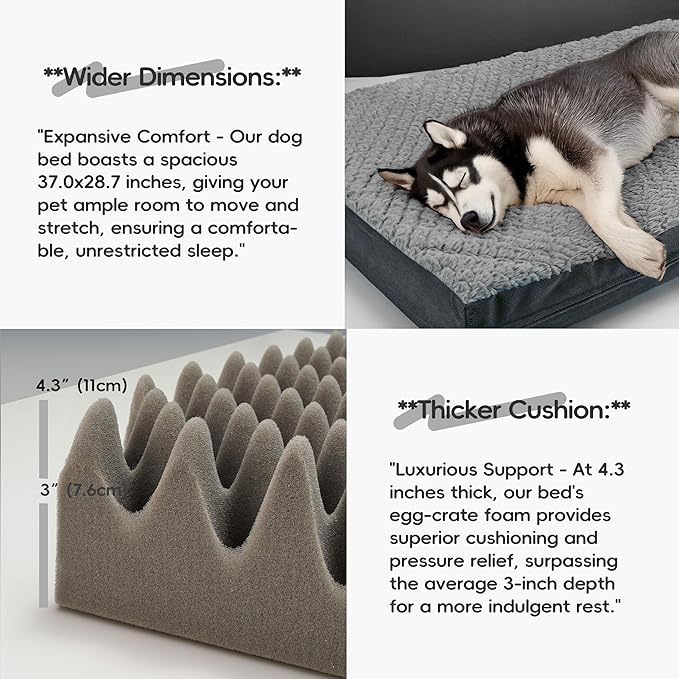 Sytopia Washable 37" Dog Bed for Large Dogs – Double-Sided Plush, Waterproof, Removable Cover, Thick Orthopedic Support, Durable Multi- Size Comfort Clearance Indoor Flat Dog Bed, Dark Grey