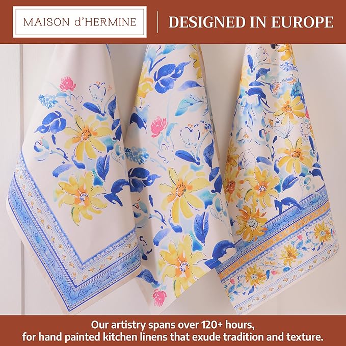 Maison d'Hermine Kitchen Towels Set of 3 100% Cotton 27.50" x 20" Reusable Cloth Tea Dish Towels Absorbent with Hanging Loop for Kitchen, Home, Dining, Cocktail Parties Spring/Summer (Girassol)
