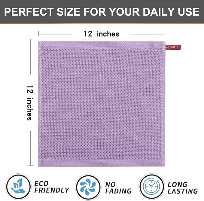 Kitinjoy 100% Cotton Kitchen Dish Cloths, 12 Pack Waffle Weave Ultra Soft Absorbent Dish Towels for Drying Dishes Quick Drying Kitchen Towels Dish Rags, 12 X 12 Inches, Lavender