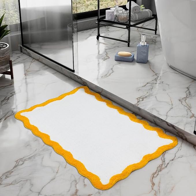 C23 Luxury Deep-Pile Bath Rug | 2200 GSM Ultra-Soft Plush Thick Bathroom Mat | 20"x32" Mustard Yellow & White High-Density Loft Rug | Non-Slip Natural Latex Back, Absorbent, Machine Washable, 1 Piece