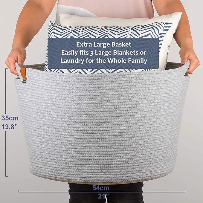 DENJA & CO Extra Large Woven Basket for Storage | Organize Pillows, Toys, and Laundry | Cotton Rope Storage Basket for Blankets, Towels and Nursery Storage | Light Gray (21 inches x 13.8 inches)