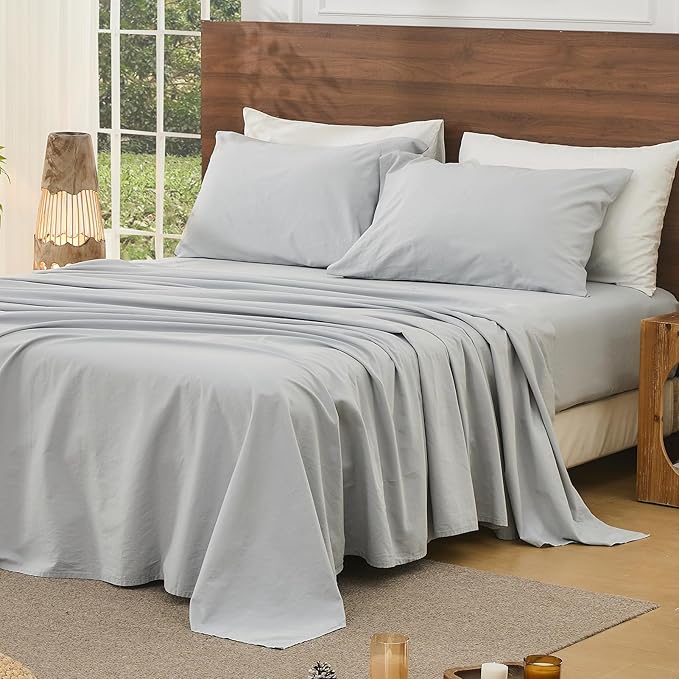 Bedlifes 100% French Pure Linen Sheets California King Size Breathable and Cooling Flax Sheet Set Soft Durable and Moisture Wicking 16 Inch Deep Pocket-4 Piece(Cal King,Grey)