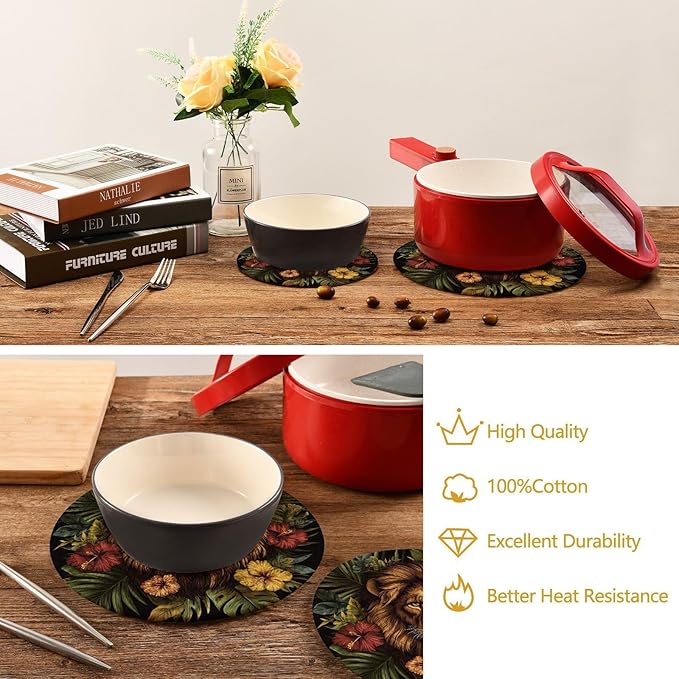 Lion Head Palm Leaves and Flowers 02 Trivets for Hot Dishes Pots and Pans Potholders Woven Trivet Cotton Round Large Pot Holder Decor Heat Resistant Hot Pads Mat for Table Counter Cooking Potho
