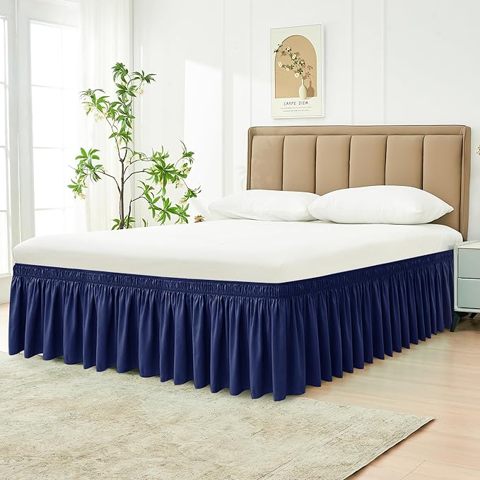 Biscaynebay Wrap Around Bed Skirts for Full & Full XL Beds 15" Drop, Navy Adjustable Elastic Dust Ruffles Easy Fit Wrinkle & Fade Resistant Silky Luxurious Fabric Machine Washable