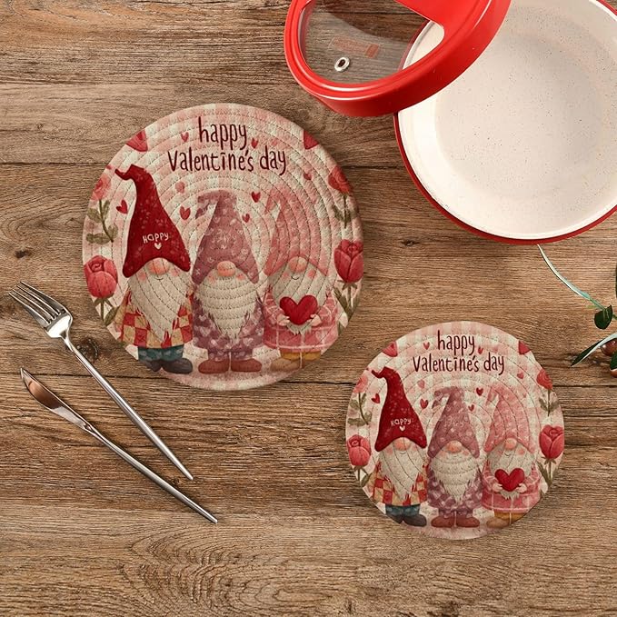Valentine's Day Gnomes Trivet Mat 2PCS Hearts Round Woven Potholders Kitchen Table Countertop Protector Hot Pads Farmhouse Coasters Counter Mats for Cooking Baking