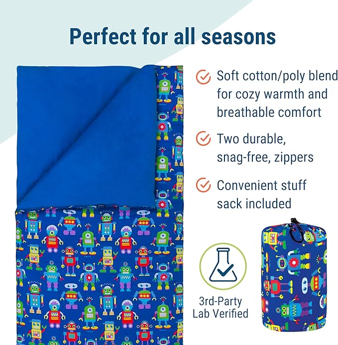Wildkin Kids Sleeping Bag – Roll-Up Design with Storage Bag for School, Travel & Camping - Robots