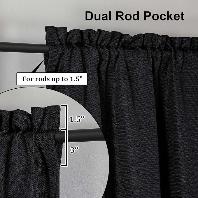 Lecloud Bessie Black Curtains for Living Room 72 Inches Long 2 Panels, Rod Pockets Rustic Bedroom Curtains, Light Filtering Faux Linen Textured Home Decor Window Drapes, Each Panel 40" W x 72" L