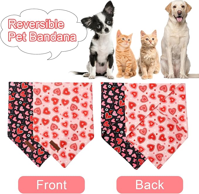 ARING PET Valentine's Dog Bandana 2 Pack-Cute Pink&Black Heart Dog Triangle Bibs, Reversible Wedding Pet Scarf for Dogs and Cats