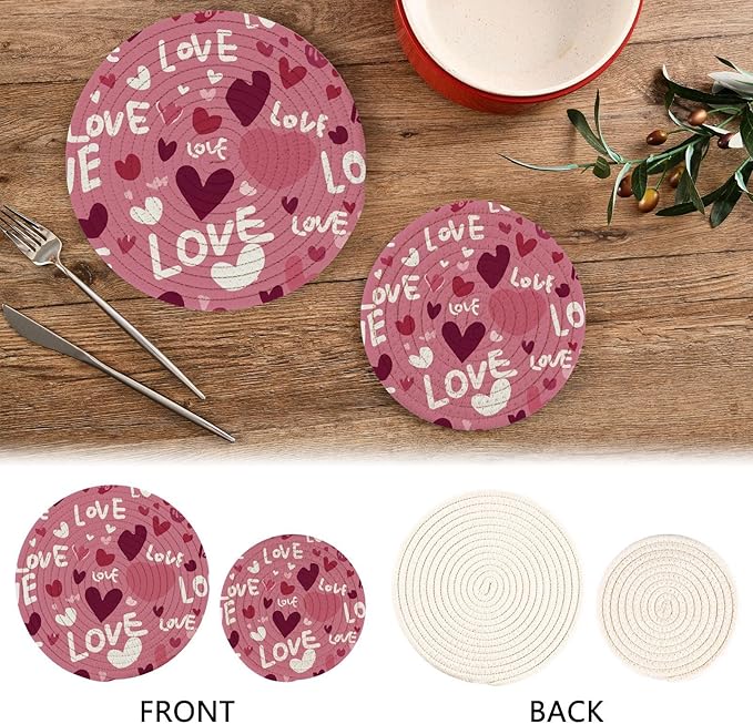 Valentine's Day Hearts Love Trivet Mat 2PCS Round Woven Potholders Kitchen Table Countertop Protector Hot Pads Farmhouse Coasters Counter Mats for Cooking Baking